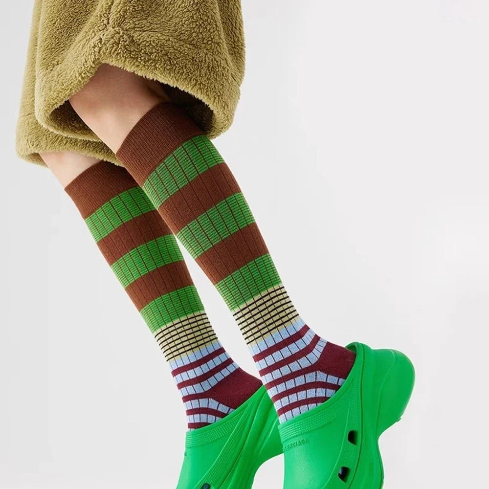 Lbsfy Gradient Striped Autumn Winter Long Socks Woman Colorful Retro Calf Socks Cotton High Tube Stockings Girls Casual Pile Socks