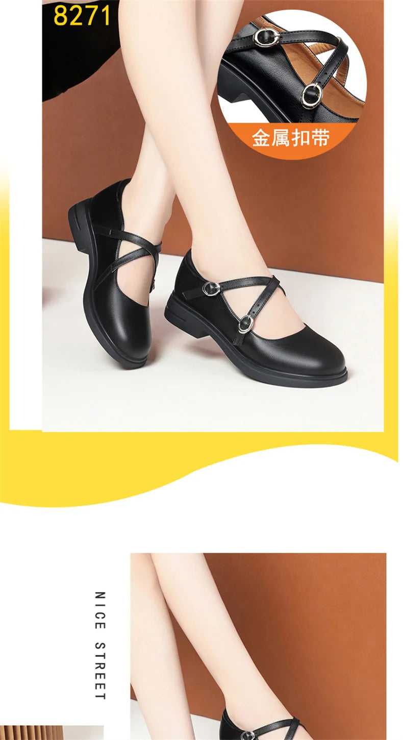 LBSFY -Spring Versatile Breathable Women Mary Jane Shoes Low Heel Buckle Strap Round Toe  Party Dance Soft Leather Single Shoes