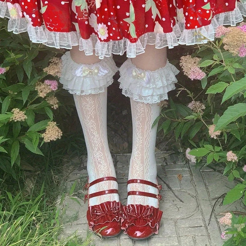 Lbsfy 1 pair of lolita milk white lace knee socks sweet bow long cotton socks jk white silk calf socks Lolita ladies socks
