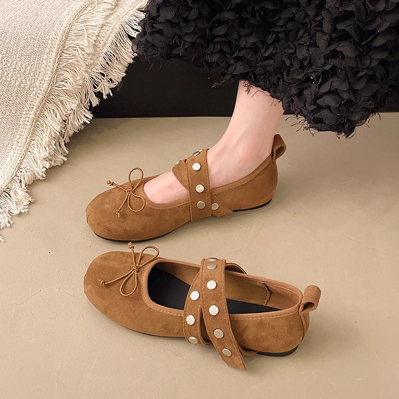 LBSFY -New Style Lolita Dance Shoes for Women Ballet Flats Designer Female Butterfly-Knot Buckle Fashion Silk Ladies Round Toe Shoes