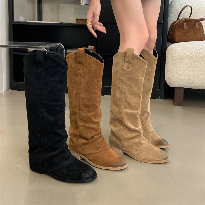 LBSFY  -   Knee High Boots Women Western Cowboy Shoes Block Heel Retro Cowgirl Long Boot