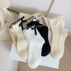 Lbsfy Bow Socks Women Cute Kawaii Mid-tube Frilly Black White Harajuku Lolita Princess Girl Gift Ruffle Sock Ladies Calcetines Mujer