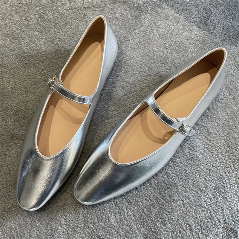 LBSFY -Silver Black Soft Leather Round Toe Women Concise Casual Buckle Strap Flats Mules Ladies Spring Autumn Shoes Zapatos Mujer