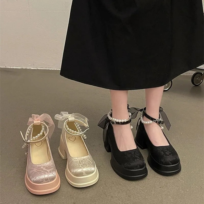 LBSFY -Woman Pumps Gothic Pink Kawaii Cute Japanese Style Lolita High Heels on Heeled Round Toe Mary Jane Shoes for Women Evening Offer