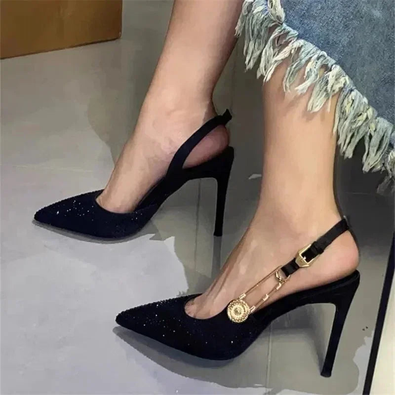 Lbsfy Luxury Rhinestone Sexy Pointed Toe High Heels Women Metal Buckle Shallow Elegant Banquet Party Shoes Mules Pumps Sandals Female