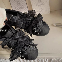 LBSFY -Retro Lace Thick Bottom Pearl Butterfly Knot Casual Sports Shoes Women's Cowhide Version Dequn Shoes Rubber Sole Board Shoes