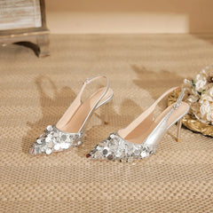LBSFY  -  Size 34-40 Sequins Back Empty Slingbacks High Heels Women's Stiletto Heel Silver Shoes Black Thin Heels