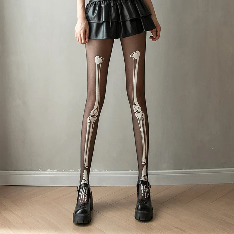 Lbsfy Women's Stockings Sexy Thin Black Thin Leggings Halloween Skeleton Silk Tights  Skull Print Pantyhose Cosplay Party