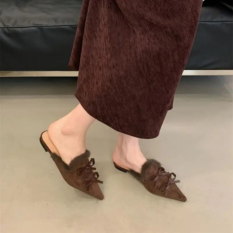 LBSFY  -   Women Flats Mules Shoes Fur Pointed Toe Fashion Slippers Winter New  Trend Designer Slingback Elegant Mujer Zapatillas