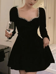 LBSFY -French Velvet Party Dress for Women Elegant Long Sleeve A-Line Vestidos Robe Female One Piece Mini Birthday Evening Dresses New