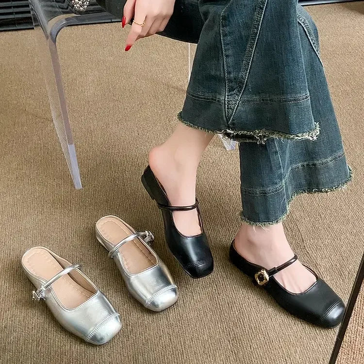 LBSFY -Women's Flat Bottom Slip-On Summer Shoes to Match Skirts Square Head Outdoor Wear Rubber Sole Leisure Style Footwear