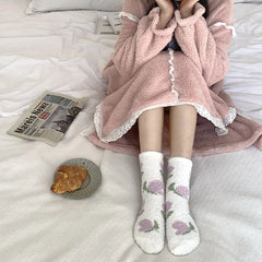 Lbsfy Women Socks Kawaii Cute Strawberry Cherry Flowers Winter Thicken Warm Soft Coral Fleece Thermal Homewear Floor Sleeping Socks