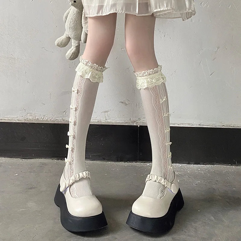Lbsfy Women's Socks Japanese Style Lace Lolita Summer Autumn Thin Comfortable Solid Color Bow Mid-tube Jk Sweet Lovely Sexy Calf Socks