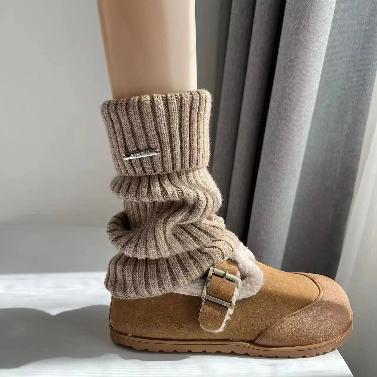Lbsfy Leg Warmers Woman Autumn and Winter Knit Thick Warm Girls Lolita Socks Metal nameplate White Black Loose Leg Warmers