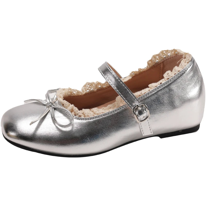 LBSFY -Square Toe Shallow Mouth Vintage French Flat Lace Mary Jane Women's Shoes New with Skirt Bow Strap Single Shoes