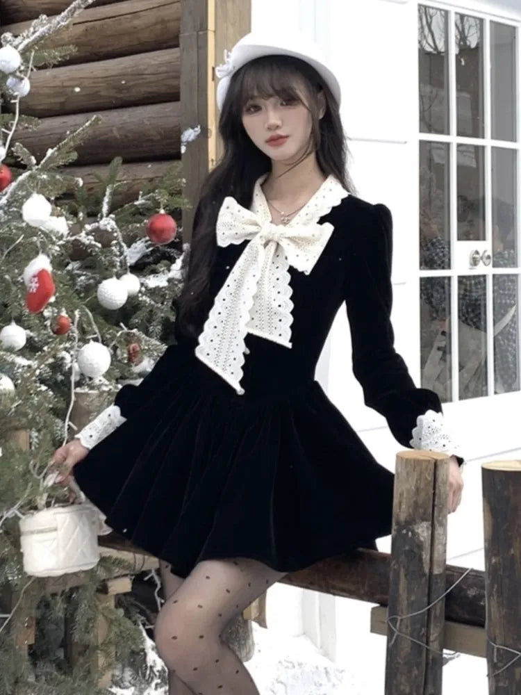LBSFY -Autumn Velvet Mini Dress for Women French Vingate Bow Neck Lace Patchwork Evening Party Dresses Korean One Piece Vestidos Mujer