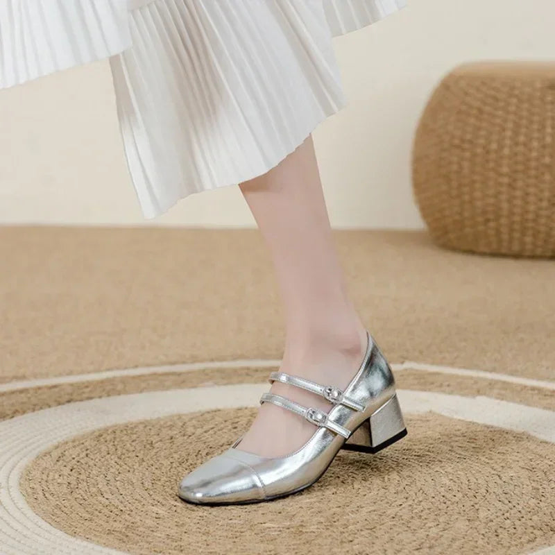 LBSFY  -Women's Fashion Mary Janes Shoes Autumn Sliver Leather Buckle Mid-heels Dress Shoes Women Square Toe Shallow Chunky Heels Shoes