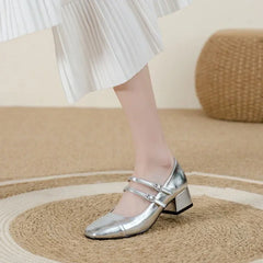 LBSFY  -Women's Fashion Mary Janes Shoes Autumn Sliver Leather Buckle Mid-heels Dress Shoes Women Square Toe Shallow Chunky Heels Shoes