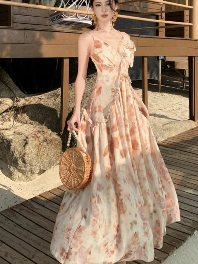 LBSFY -Summer Elegant Vintage Fashion Print Long Women's Dresses 2025 New French Party V-Neck Dress Casual Holiday Beach Fairy Vestidos