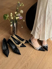 LBSFY  -  Sexy Women Pumps Office Shoes Pointed Toe Autumn Spring Dress Party Pumps Black Khaki Silver Shallow Slip On Elegant Bow Design