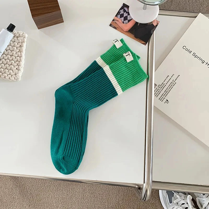 Lbsfy Fashionable and versatile Contrast colored socks women's high top pile up socks Korean version of spring/summer cotton socks