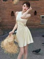 LBSFY -Y2K Sweet Sexy Backless Solid Mini Dress Inclined-Shoulder Pleated Women's Dresses Beach Vacation Party Spring Summer 2025 New