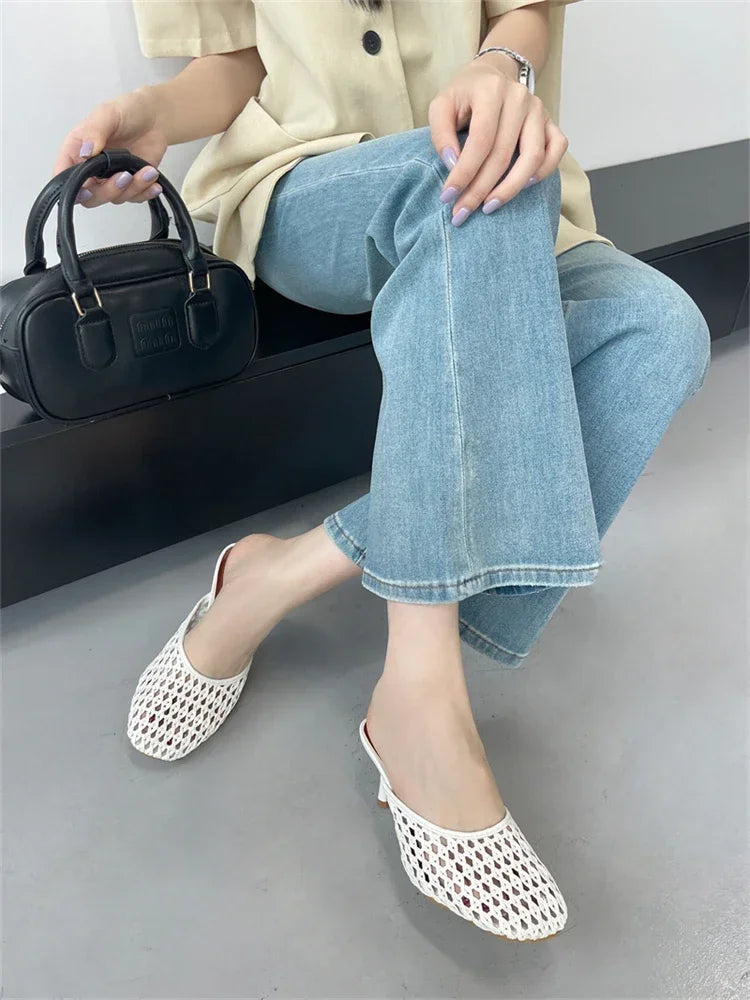 LBSFY -Summer Hollow Out Breathable Mesh Weaving Women Slippers Fashion Thin Heels Party Dress Mule Shoes Large Size 43