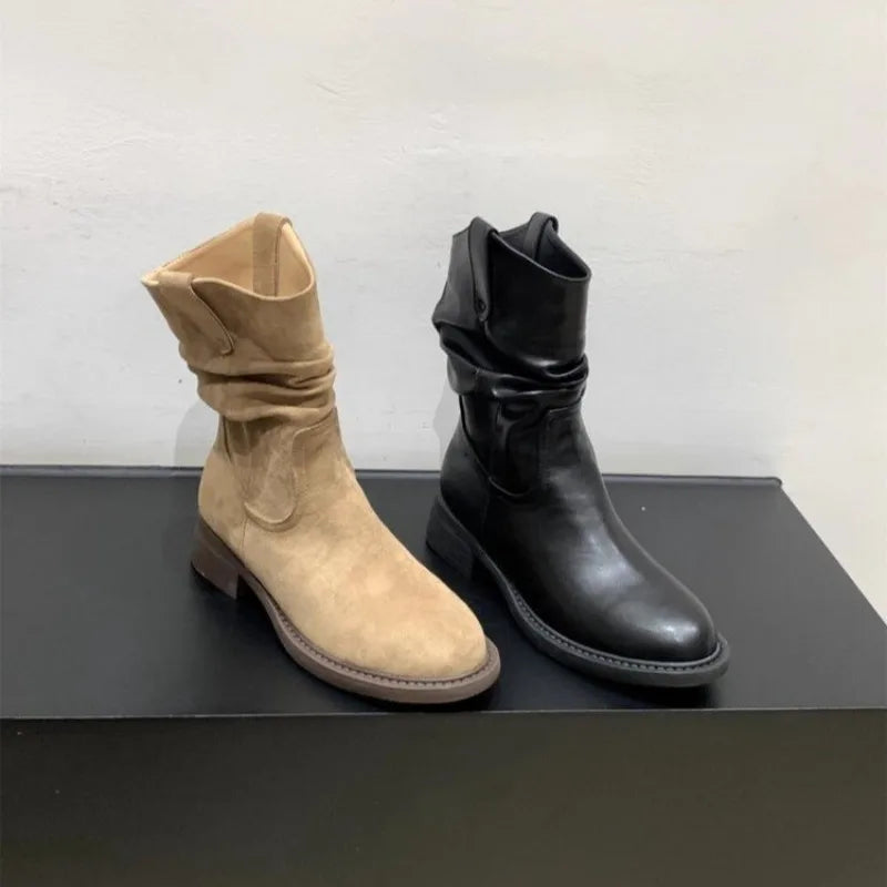LBSFY -New Style Luxury Women's Fashion Short Boots Women's High Quality Genuine Leather Boots Wrinkled Split Toe Commuter Calf Boots