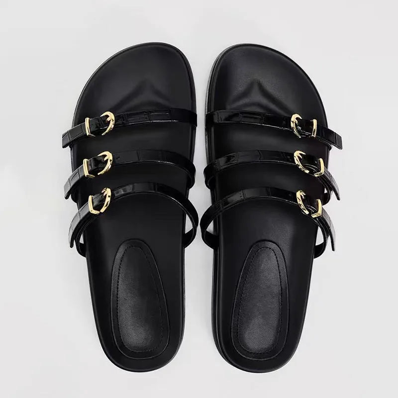 LBSFY  -  Women Strap Buckle Flat Slippers 2024 Indoor Leisure Flatform Slipper For Women Round Head Open Toe Black Sandals Shoes ﻿