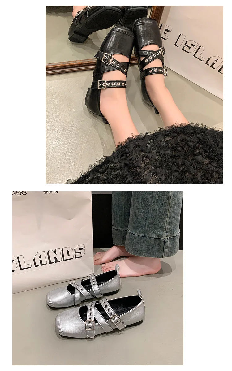 LBSFY -Designer Spring Women Mary Jane Shoes Fashion Square Toe Ladies Comfort Soft Sole Flats Women's Belt buckle Ballerinas Shoes