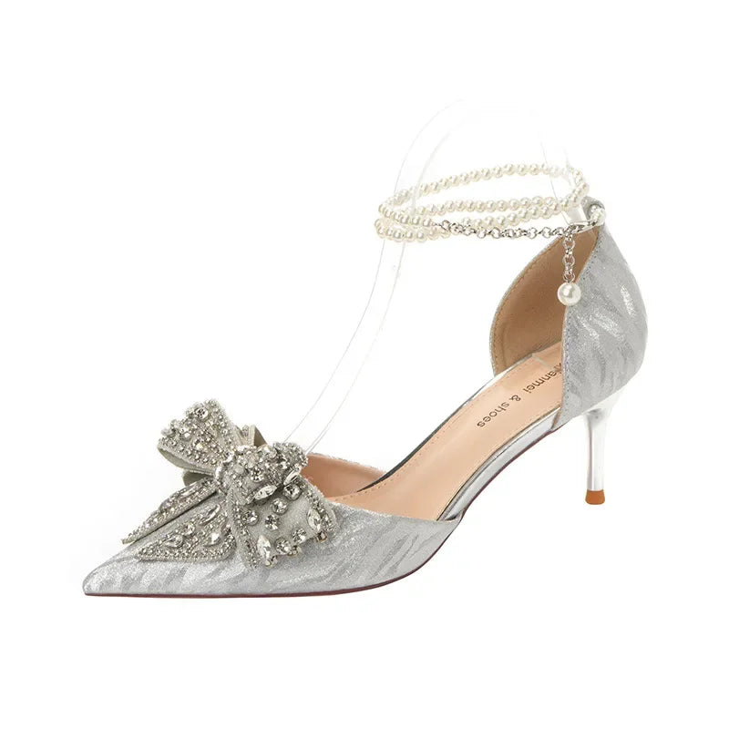 LBSFY -Spring Summer Fashion Pointed Toe Sandals Women's Rhinestone Pearl Butterfly Gold Silver High Heels Party Wedding Heeled Shoes