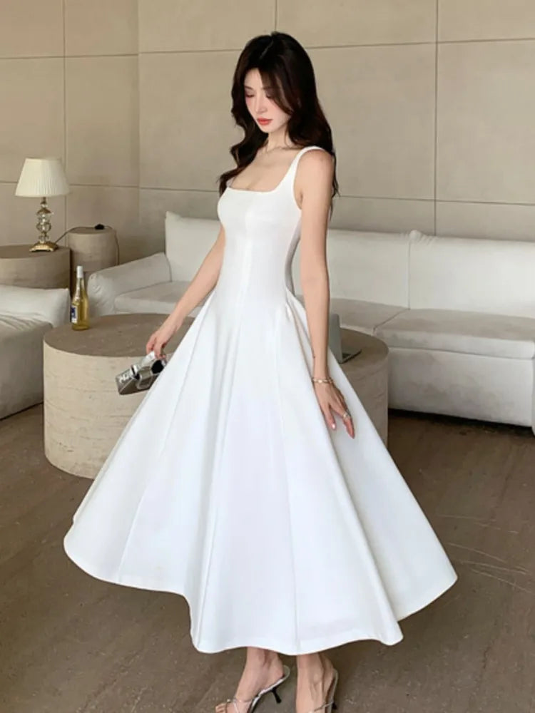 LBSFY -Vintage Elegant French Spaghetti Strap Women's Dresses Square Collar Sleeveless A-Line Wedding Party Dress Female Prom Vestidos