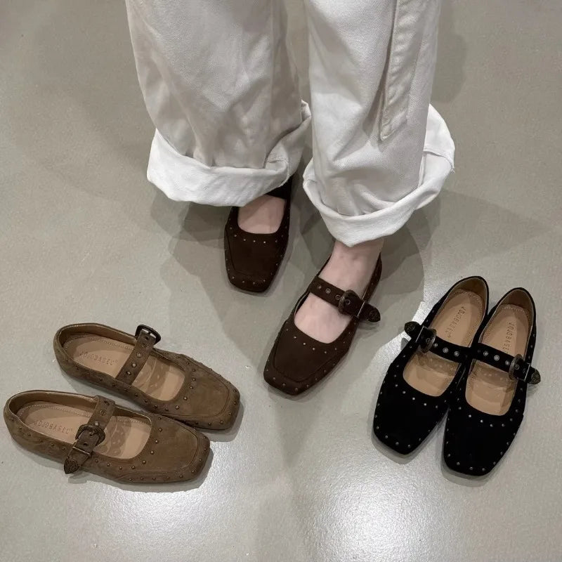 LBSFY -New Women's Shoes Suede Flats Loafers Women Marie Jane Shoes Square Toe Ballet Dance Shoes Fashion Luxury Dress Zapatos De Mujer