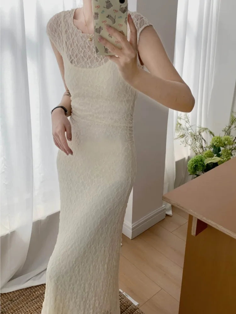 LBSFY -France Gentle Elegant Mesh Dress For Woman Spring Summer Lace Patchwork Two Pieces Sets Sling Dresses Casual Office Lady New