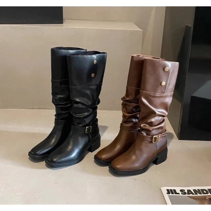 LBSFY -New Style Fashion Women's Thick Heels Fold Pile Long Knight Boots Pointed Low Heels Casual Elegant Temperament Sleeve Slim Boots