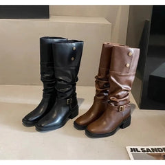 LBSFY -New Style Fashion Women's Thick Heels Fold Pile Long Knight Boots Pointed Low Heels Casual Elegant Temperament Sleeve Slim Boots
