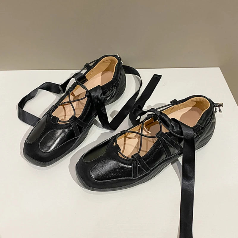 LBSFY -Ballet Flat Sneakers Women's Thick Bottom Bowknot Hollow Out Shoes Fashion Designer Mary Jane Ballet Comfort Shoes Female