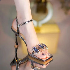 Lbsfy Luxury Diamond High Heels Women Summer Square Toe Shiny Crystal Sandals Woman Ankle Straps Elegant Party Pumps Women Shoes
