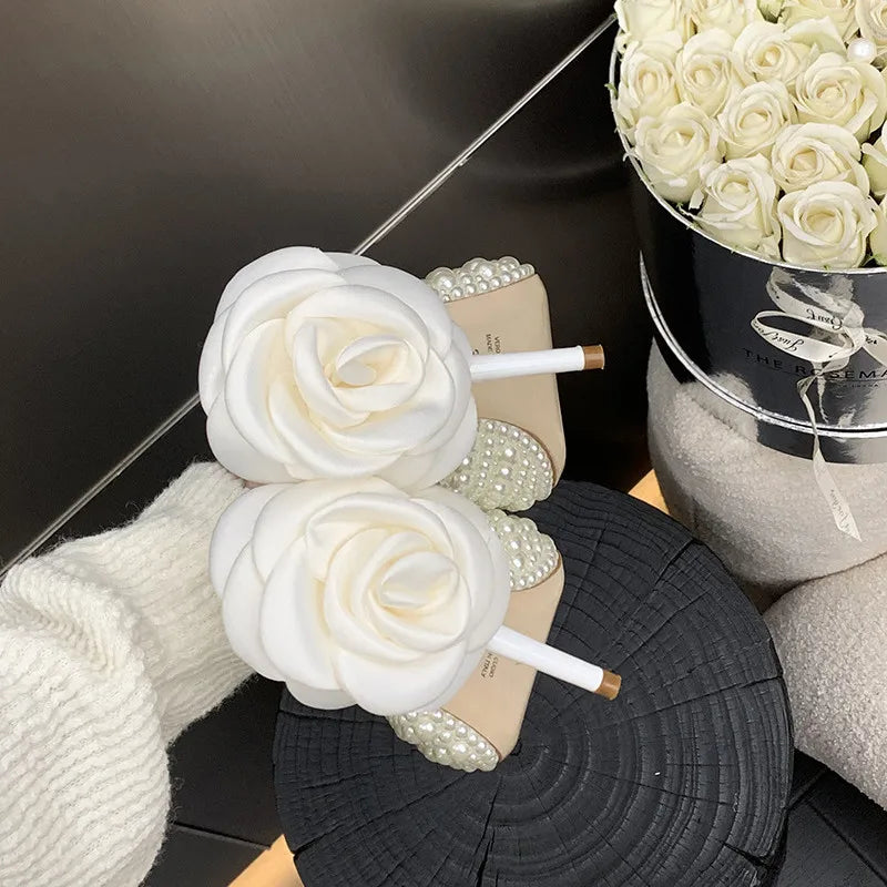 LBSFY  -  Luxury All Pearls Handmade Flowers Women Pumps Slippers Elegant Pointed toe Thin High heels Mules Fashion Wedding Bridal Shoes