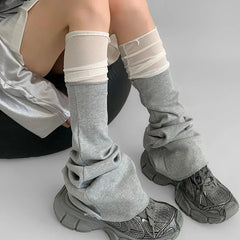 Lbsfy Korean Mesh Patchwork Cotton Leg Warmers Japanese Harajuku Solid Color Pile Socks Mid Tube Socks Cool Over Knee Flare Leg Socks