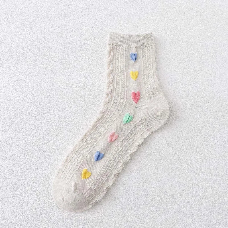 Lbsfy Women's Socks Spring Summer Love Print Mid-tube Korean Sweet Style Kawaii Cute Harajuku Solid Color Long Socks For Girls Gift