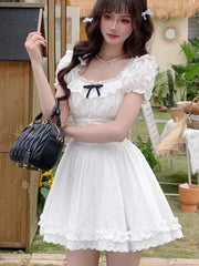 LBSFY -Chic 2025 Summer Sweet Lace Spliced Birthday Party Dress Women Square-Collar High Waist Bubble Short Sleeve A-Line Short Dresses
