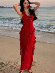 LBSFY -Women French Style Elegant Vintage Red Ruffles Party Dresses Slim A-Line V-Neck Wedding Evening Dress Spring Summer New 2025