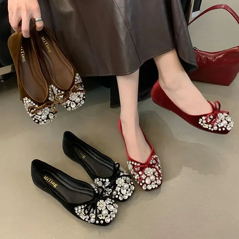 Lbsfy Crystal Pearl Designer Flat Women Shoes Comfort Soft Soled Dress Shoes Leisure Shiny Rhinestones Mules Shoes Zapatos De Mujer