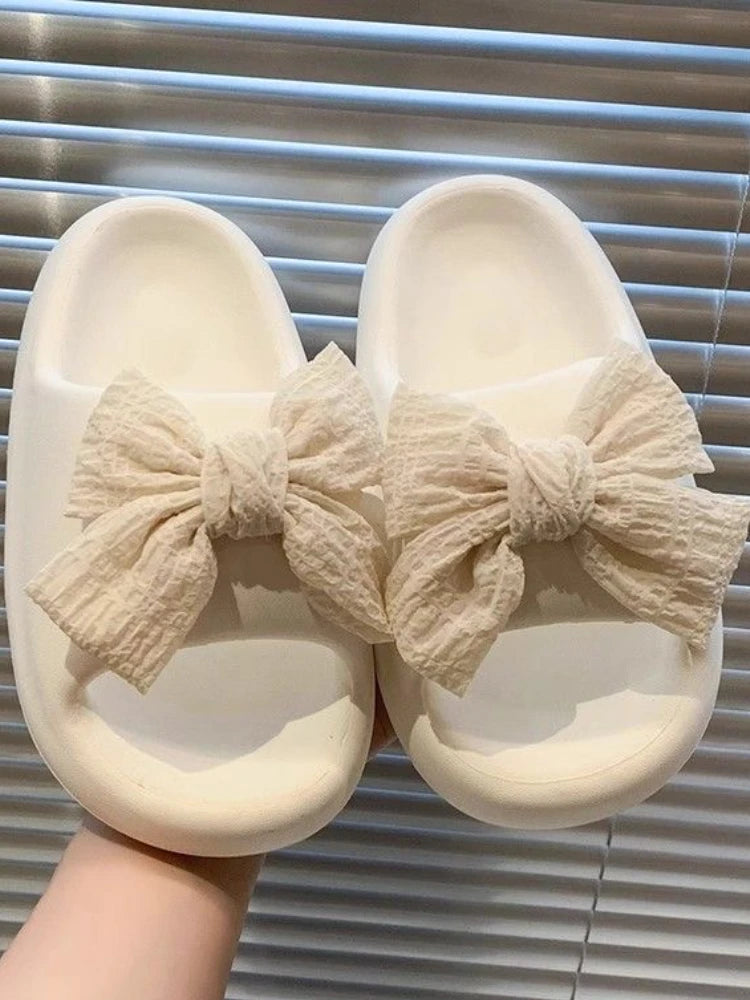 LBSFY  -  Cosay Home Floor Thick Soled Fashion Office Slippers Women Pure Color Bow Hospital Indoor Wear Height Ribbon Fit Slippers 2024