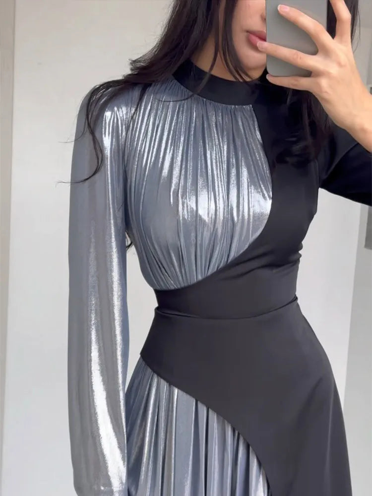LBSFY  -  Women's Fashion Metallic Color Patchwork Maxi Dress Chic O-neck Long Sleeve Slim High Waist Vestido 2024 Female New Party Robes