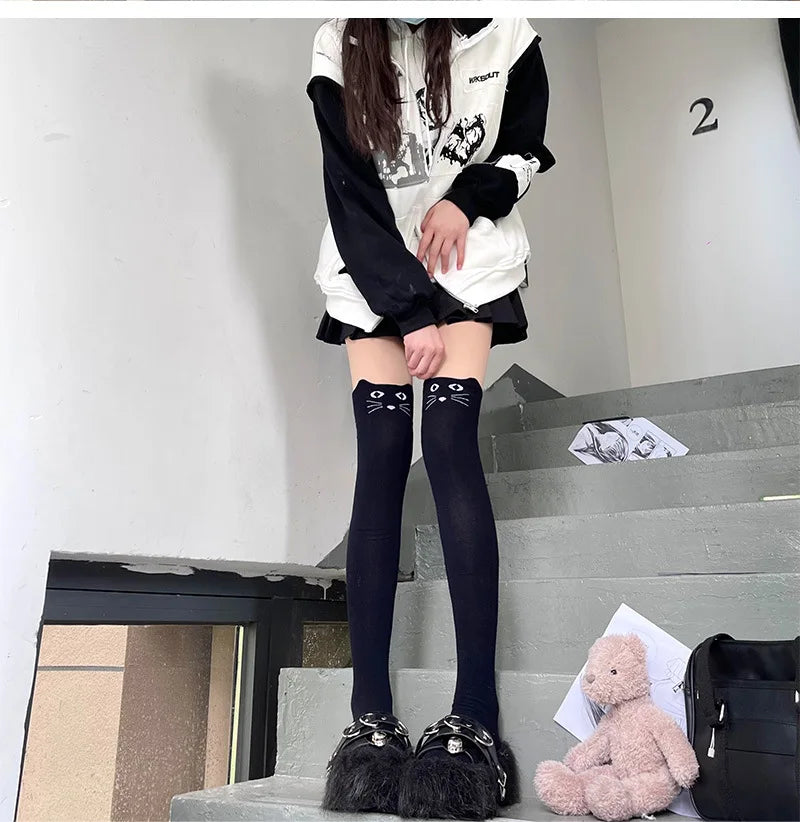 Lbsfy Thigh High Stockings Women Autumn/Winter Kawaii Cat Cartoon Over the Knee Socks Cute knitted Leg Warmers Long Stockings