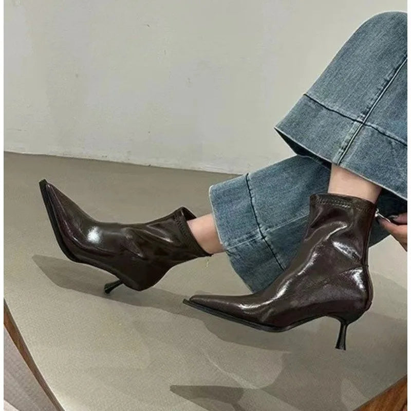 LBSFY -Women's Sexy Pointed Toe Ankle Boots Vintage Autumn New Fashion High Heels Patent Leather Skinny Boots Women Brown Short Booties