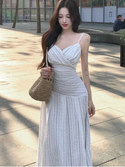 LBSFY -French Vintage Fashion Women's Sling Dresses 2025 New Summer V-Neck Slim Waist Spaghetti Strap Long Dress Casual Holiday Robe