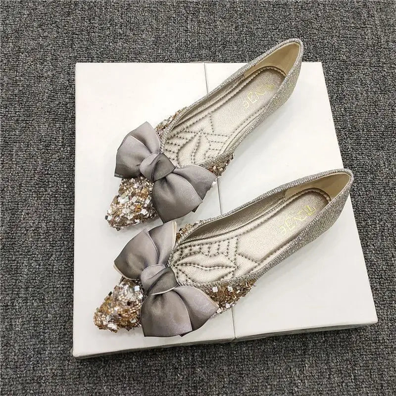 LBSFY -Sequins Wedding Bride Shoe 2025 Trend Pointed Toe With Bow Slip-on Shoes for Women Quick Delivery Y2k Fashion Summer Woman Flats